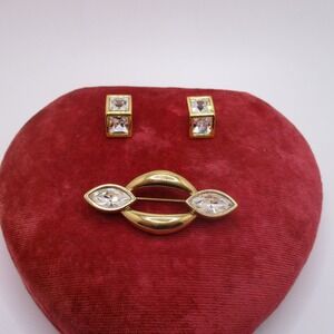Vintage SAL Swarovski Goldtone Clear Rhinestones Brooch and Pierced Earrings Set